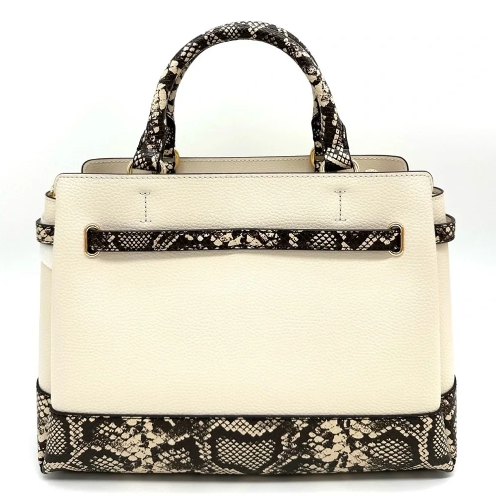 Michael Kors Large Reed Leather Belted Satchel Crossbody Bag Cream Snakeskin